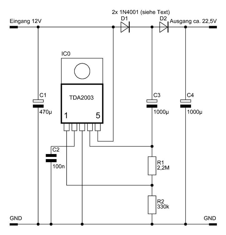 Schaltbild der TDA2003-Spannungsverdoppler-Schaltung