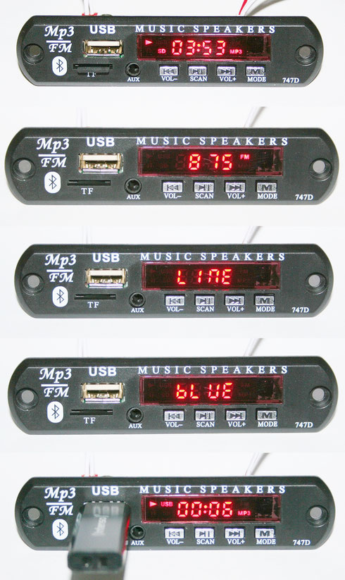 Die verschiedenen Modi des MP3-Players: MP3 SD-Karte, Radio, Line-in, Bluetooth und MP3 USB