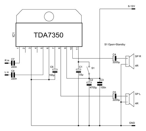 Die Schaltung des Stereoverstärkers mit dem TDA7350.