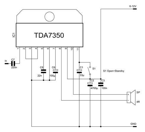 Die Schaltung des Verstärkers mit dem TDA7350