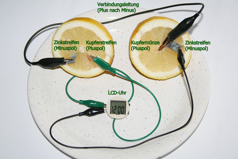 Zitronenbatterie mit zwei Zitronenhälften mit angeschlossener Digitaluhr
