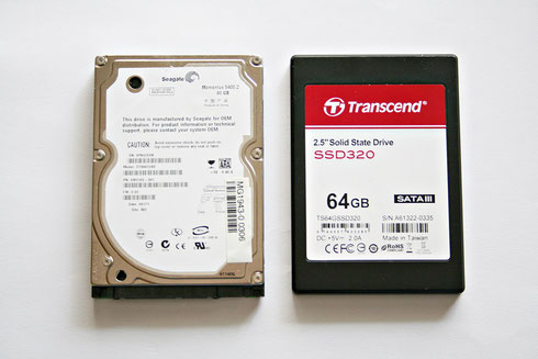 HDD und SSD: herkömmliche Festplatte (links) und Solid State Drive (rechts)