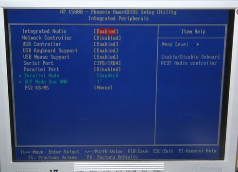 Deaktivierter Parallelport im BIOS Setup des HP T5710